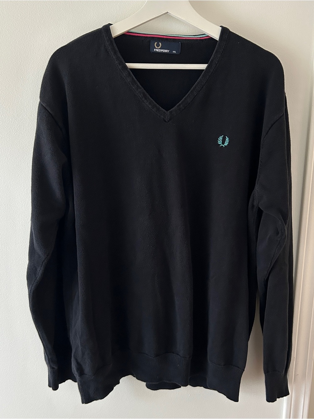 Fred Perry Men’s Black V-Neck Sweater with Teal Laurel Emblem